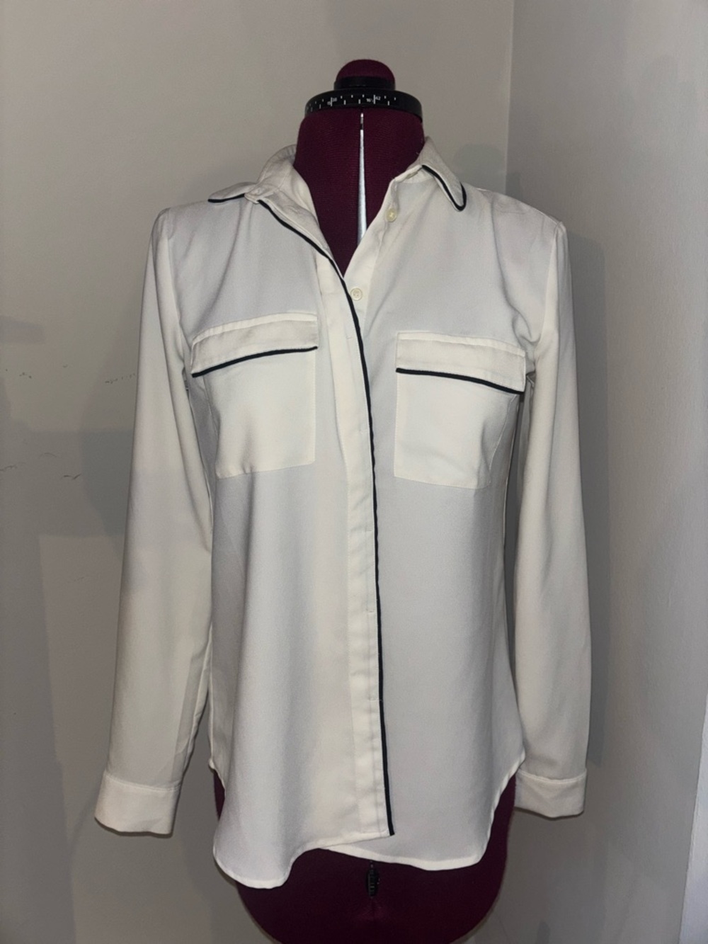 LOFT Cream Button-Up Blouse with Black Piping